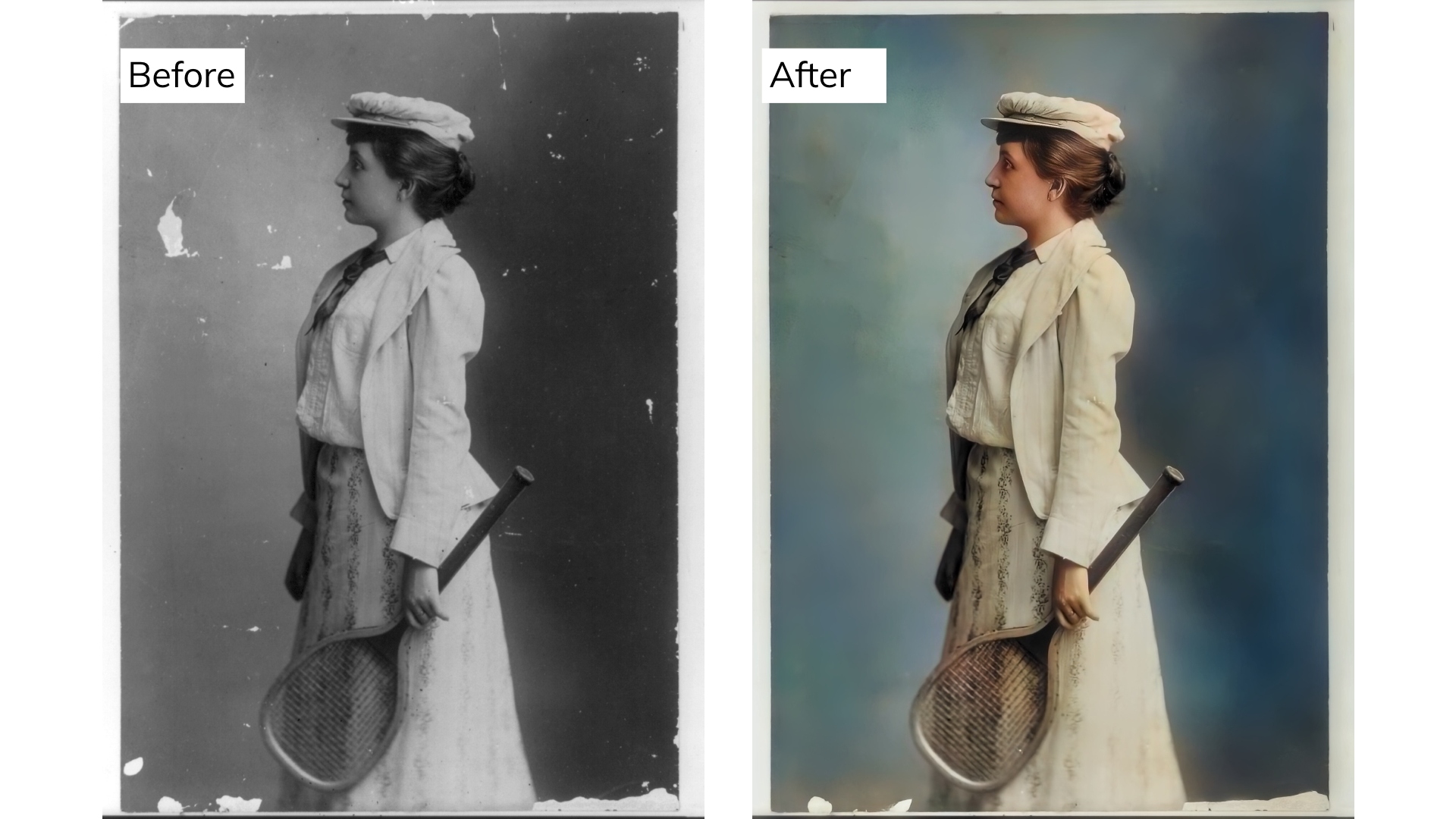 woman with tennis racket portrait Before & After restored.jpg