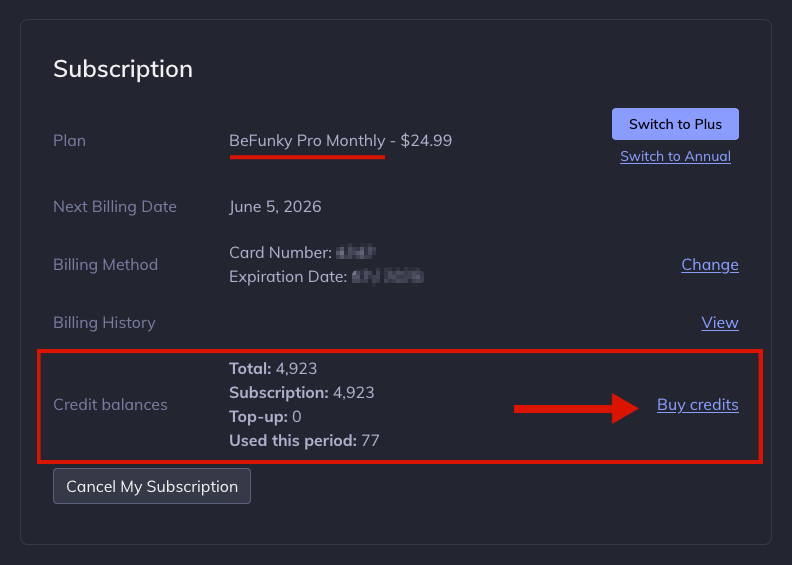 Account Page Top-up credit purchase flow.