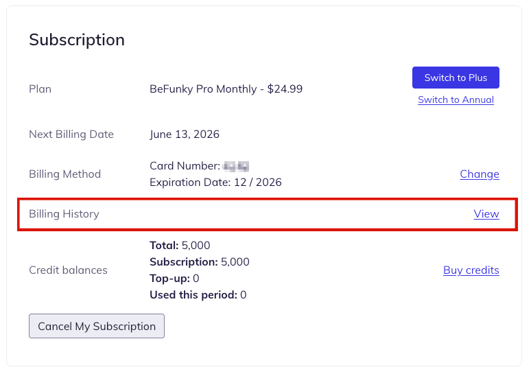 Viewing billing history and receipts on the BeFunky Account Page.